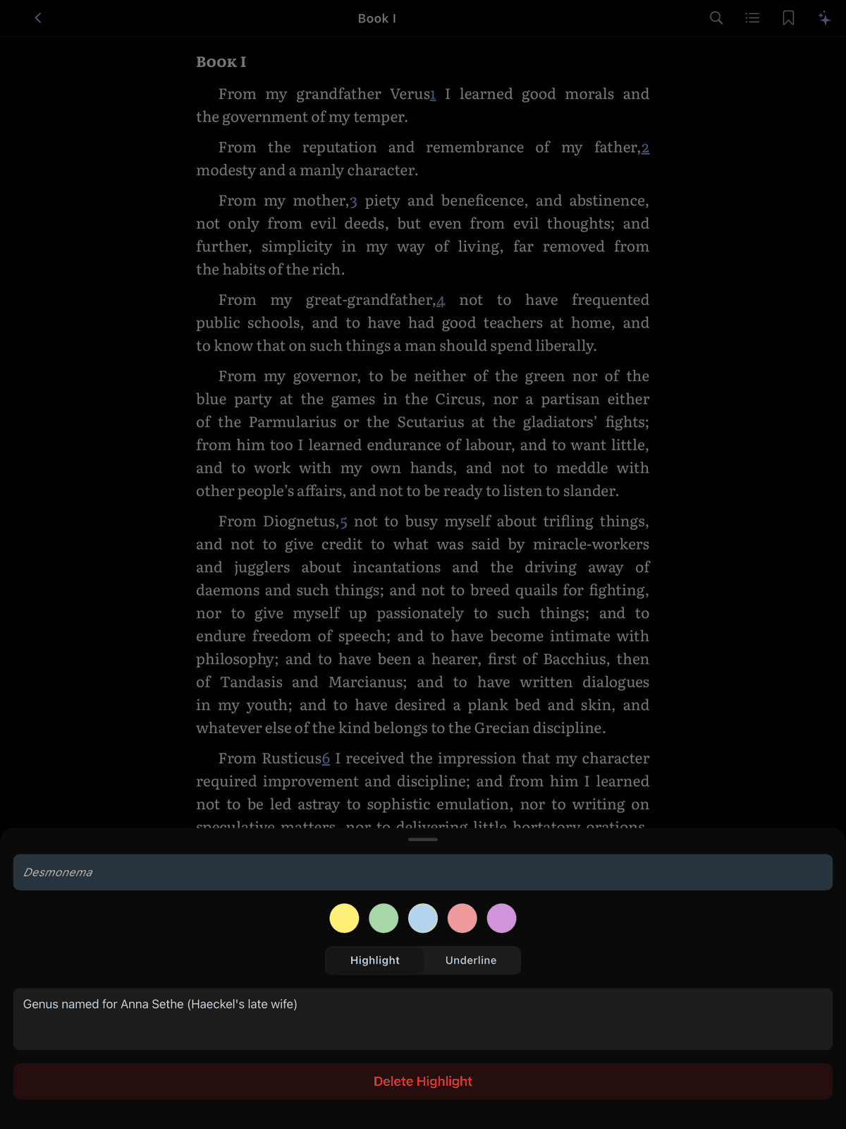 The highlight edit sheet showing the text preview, color dots, style toggle, and note field