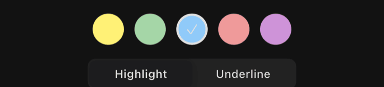 The five color circles in the edit sheet, with blue selected and showing a checkmark