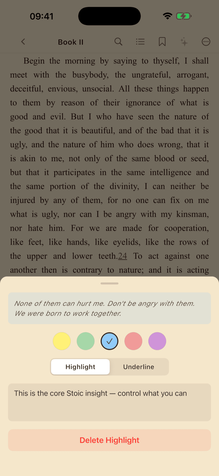 Side-by-side comparison of the same passage in Highlight style and Underline style