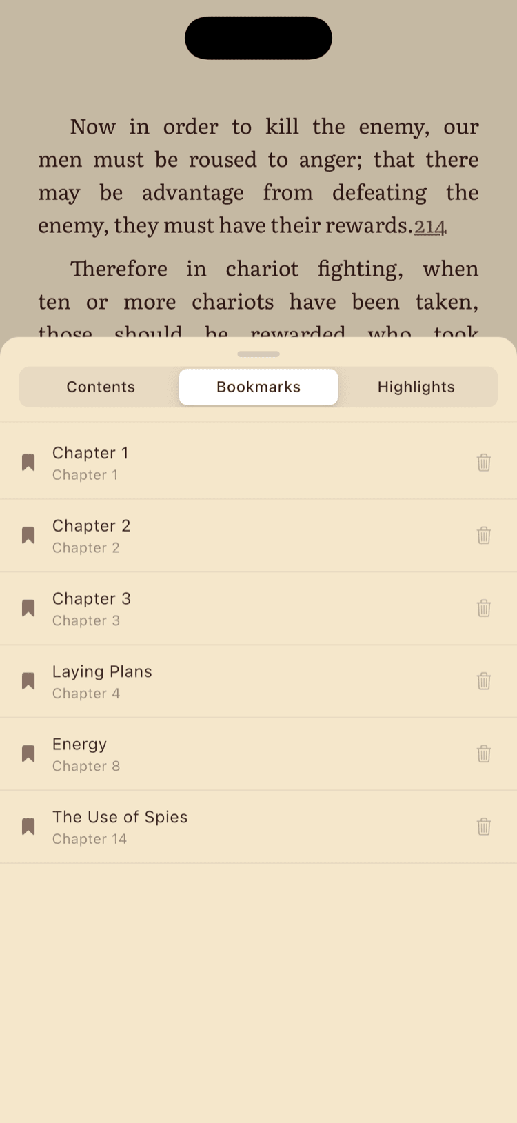 The bookmarks sheet showing a list of bookmarks with labels and page numbers