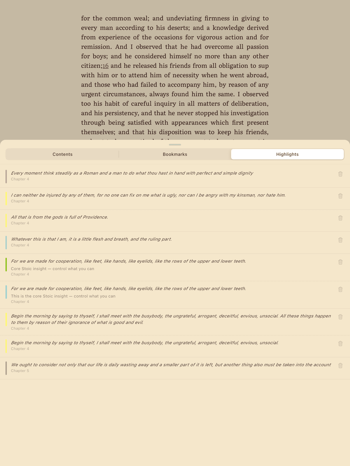 The Highlights and Notes sheet showing highlights with color bars and text previews