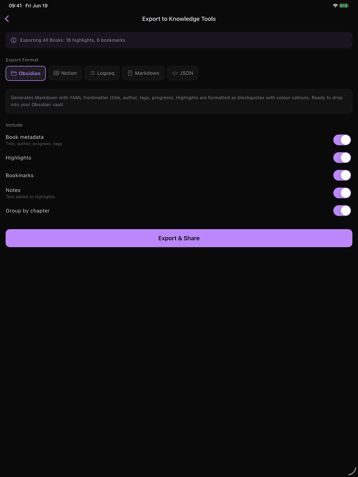 The Knowledge Export screen showing format buttons, toggle options, and the Export & Share button