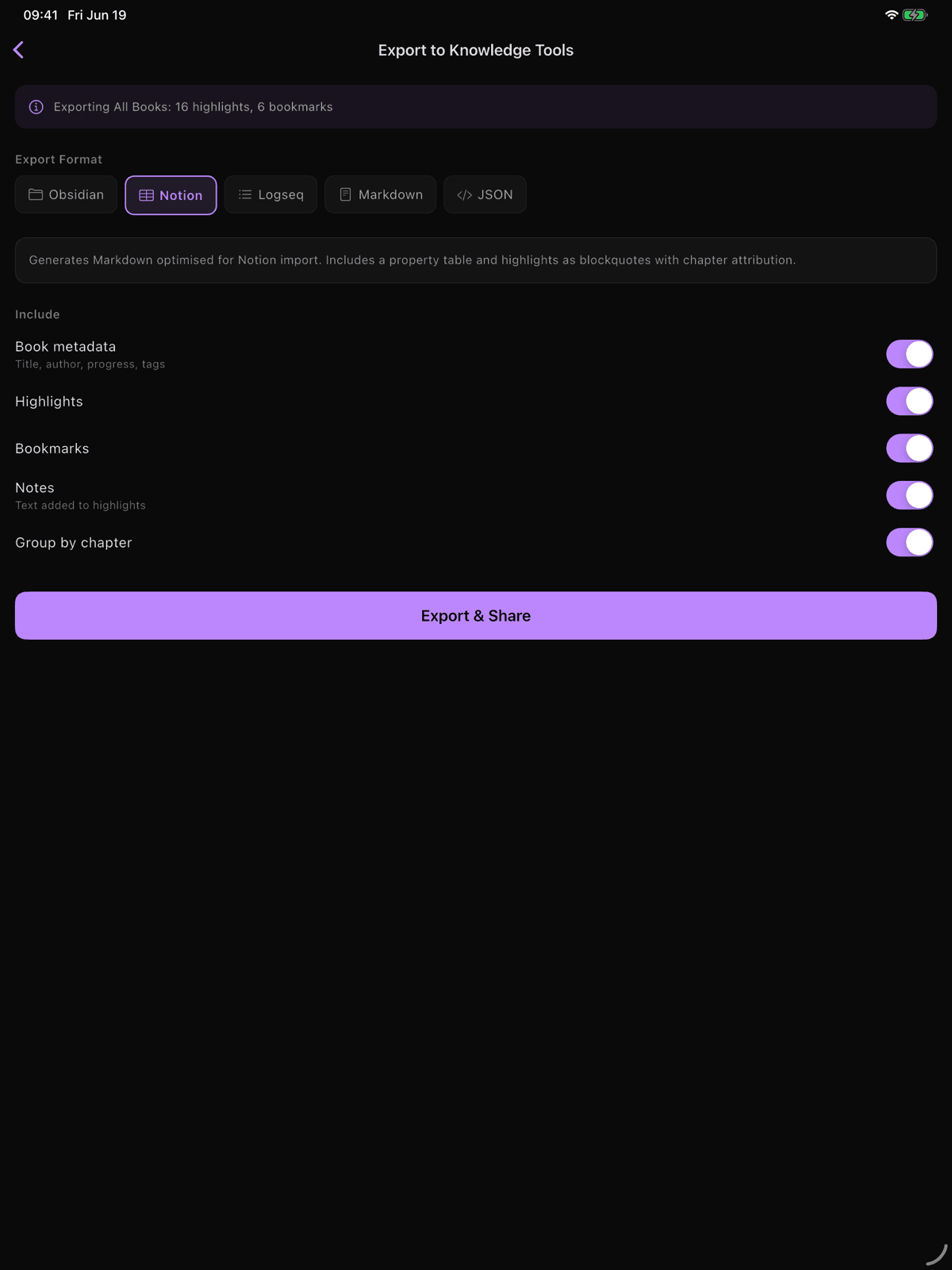 The five format buttons with Obsidian selected, showing the description box below