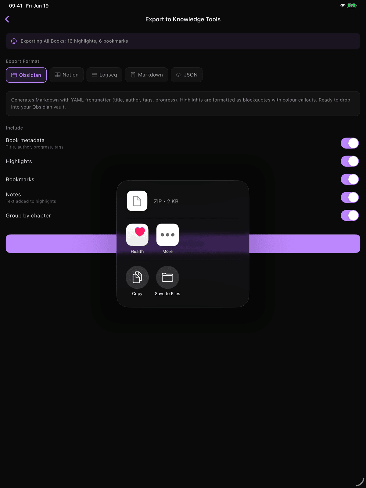 The iOS share sheet appearing after a successful export -- save to Files, AirDrop to your Mac, or drop straight into your vault