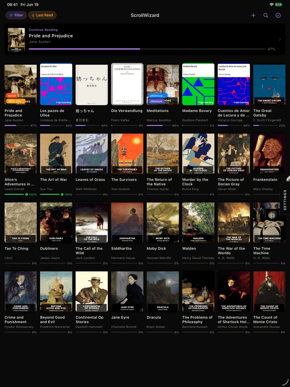 ScrollWizard library with a few books in grid view