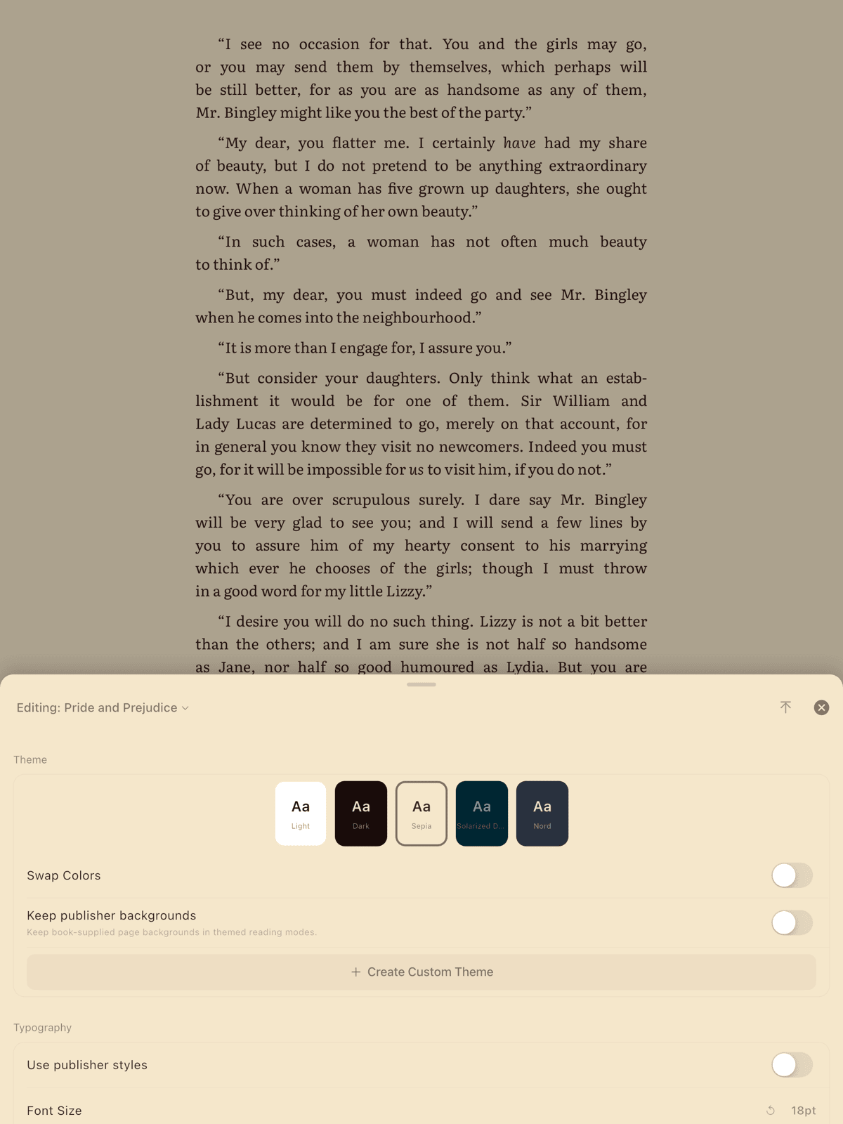Quick settings panel showing font, size, and theme controls
