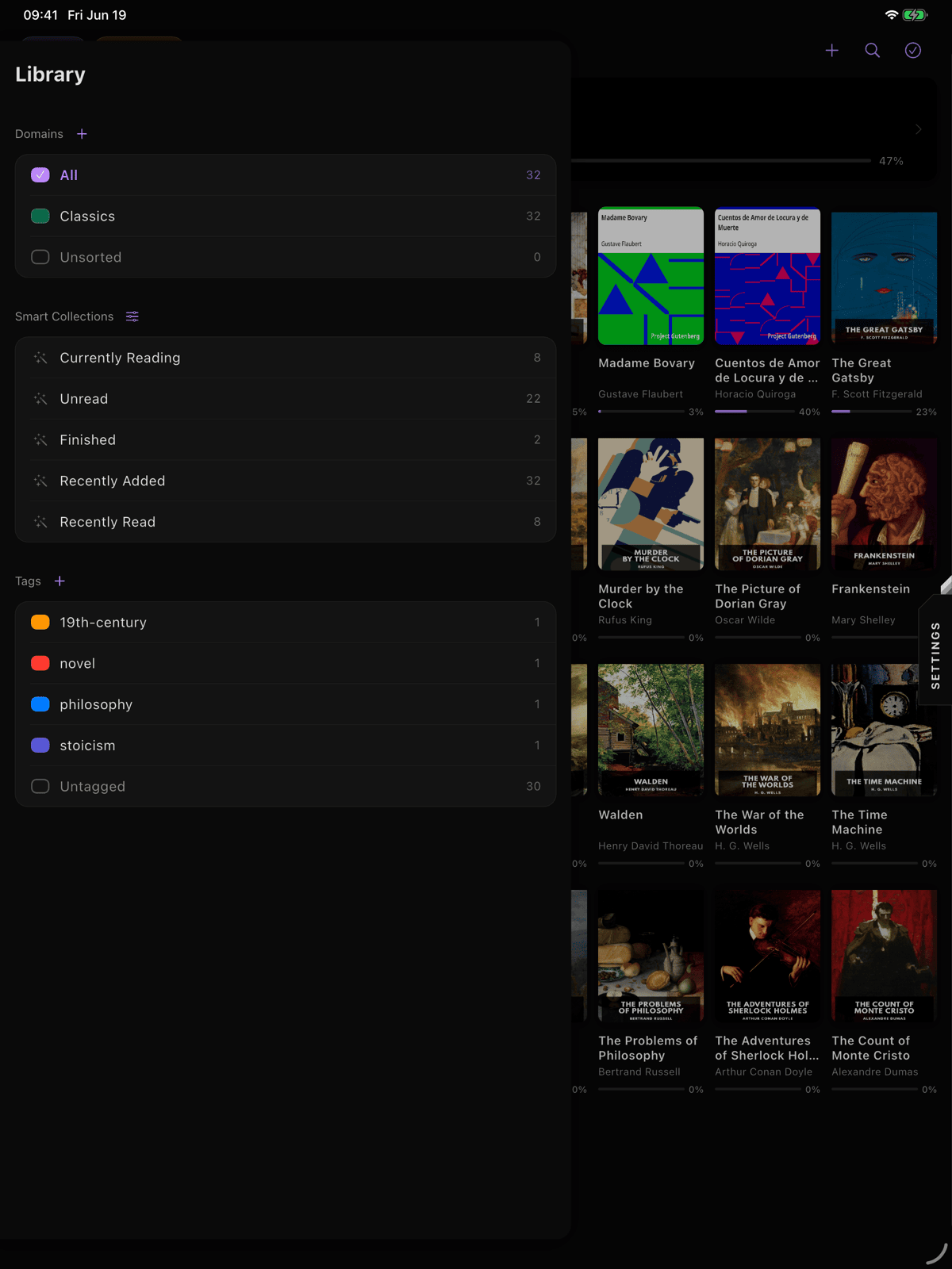 Library sidebar showing domains, smart collections, and tags