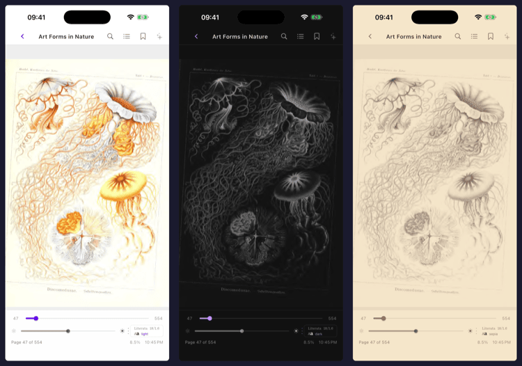 The same PDF page shown in Light, Dark, and Sepia themes side by side