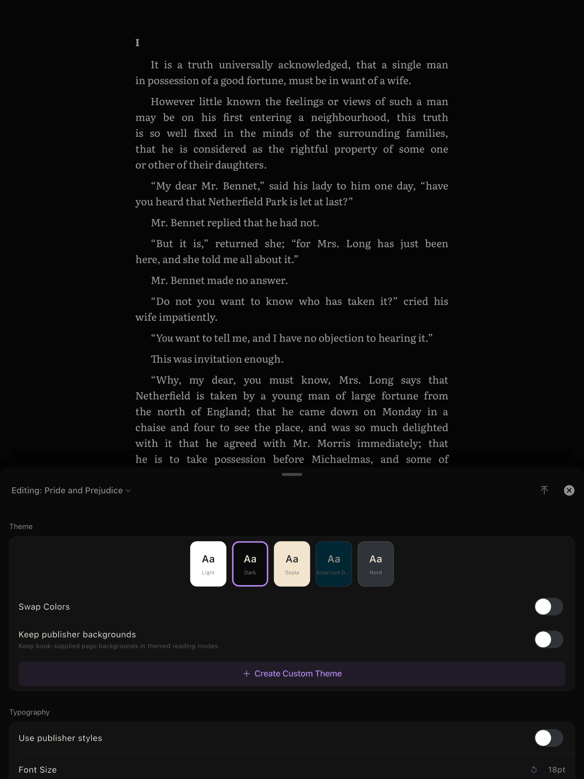 Appearance sheet showing the per-book toggle with Copy to Global and Reset Book Settings buttons