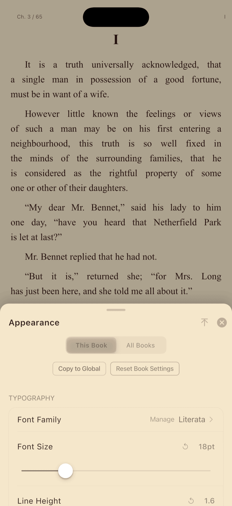 Typography section showing font picker, font size slider, and line height controls