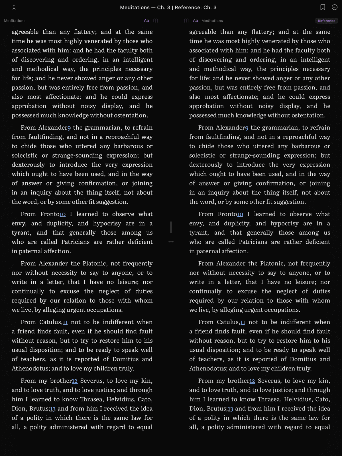 The same book open in both panes -- a chapter on the left and the appendix on the right, with the Reference label in the toolbar