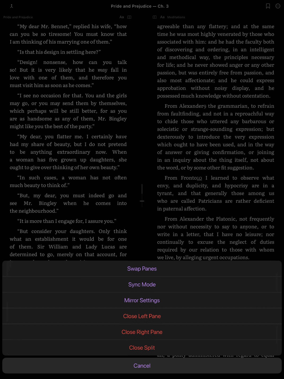 The divider context menu showing all six options -- Swap Panes, Sync Mode, Mirror Settings, and the three close actions