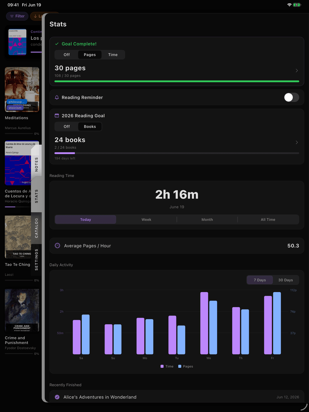 Today's stats card showing reading time and a half-filled goal progress bar