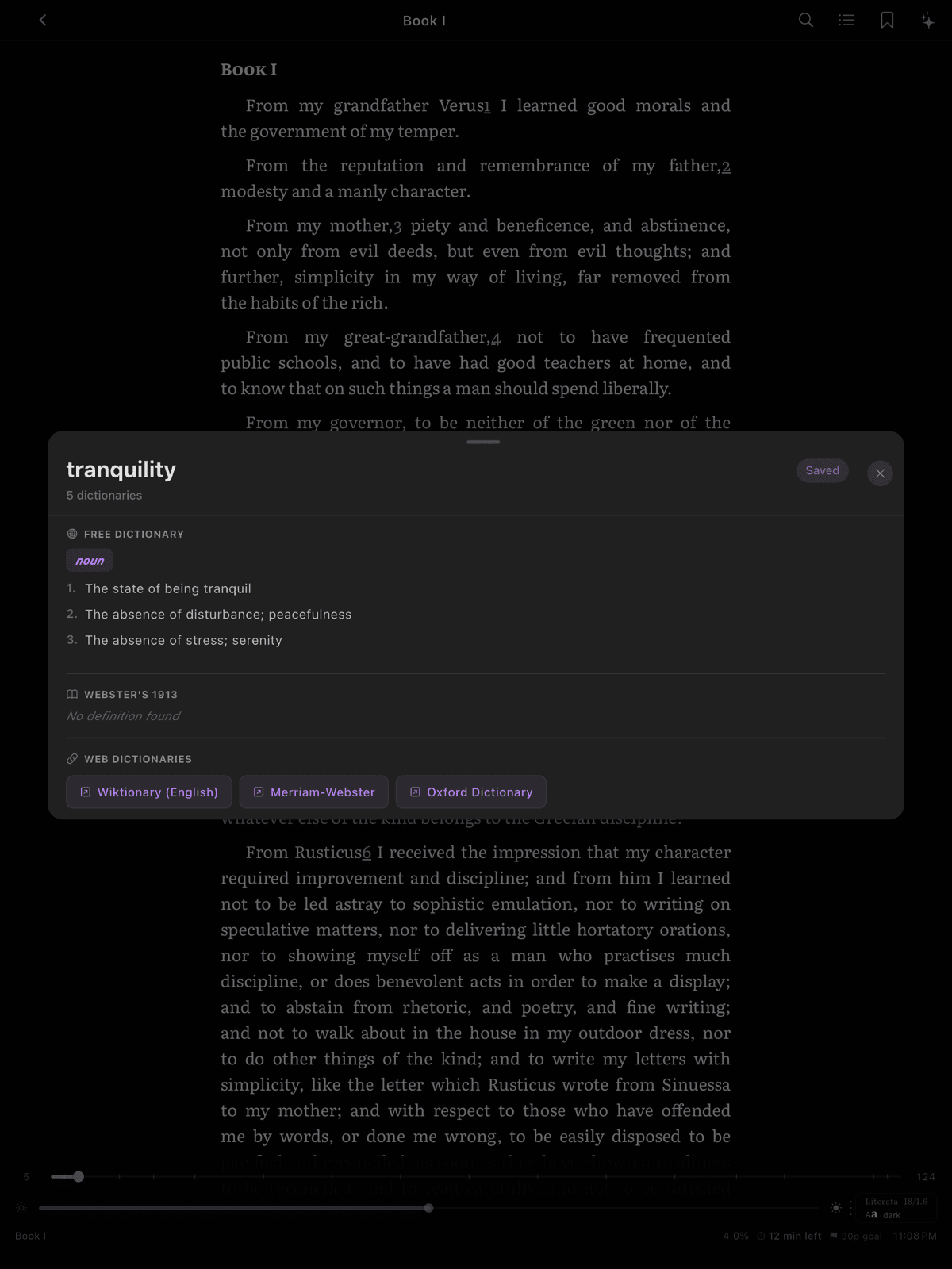 Dictionary popup showing a word with phonetic, POS badge, definitions, and example