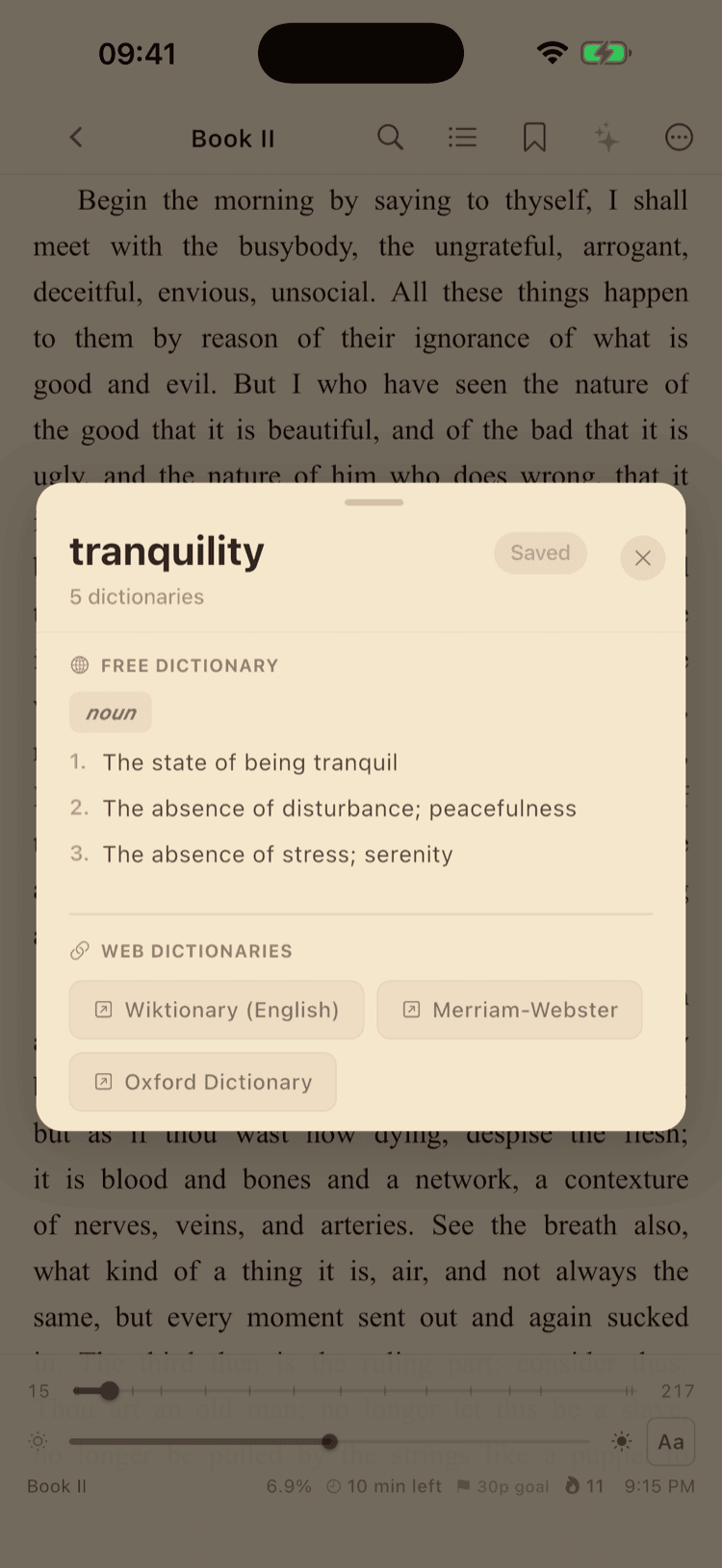 Dictionary popup with the saved word confirmation