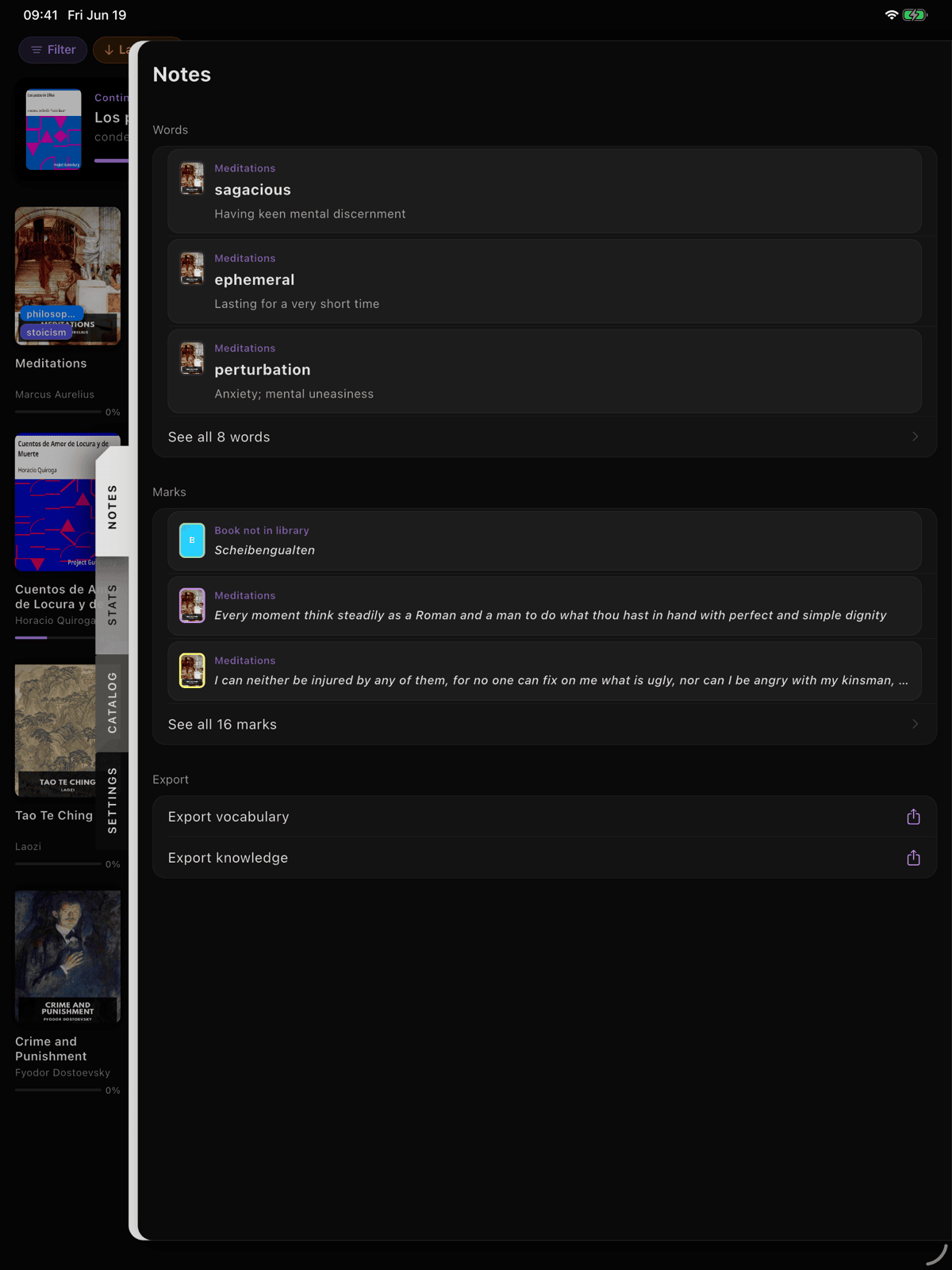 Vocabulary screen showing word cards with definitions and source books