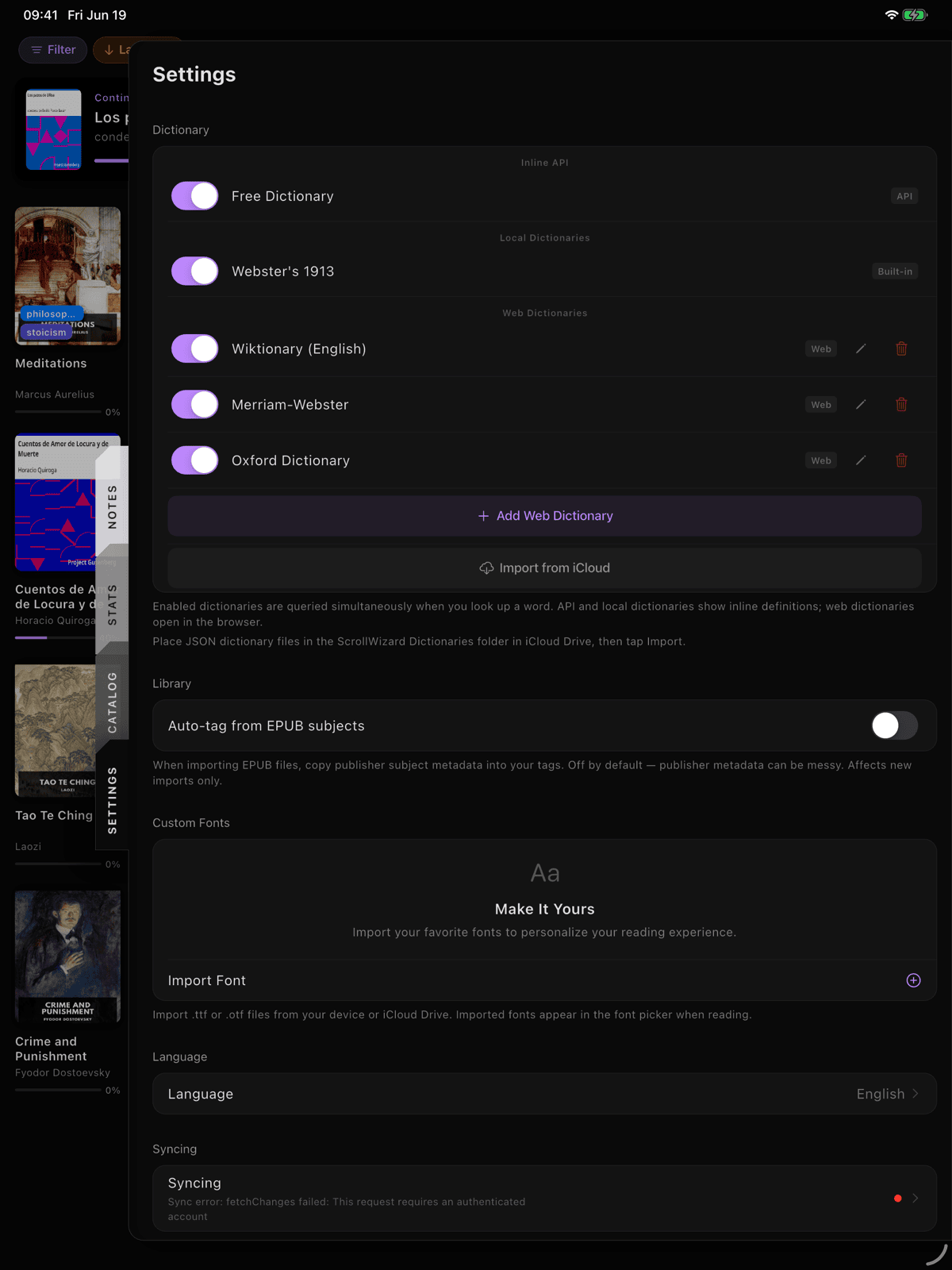 Dictionary settings showing enabled sources and Add Web Dictionary button