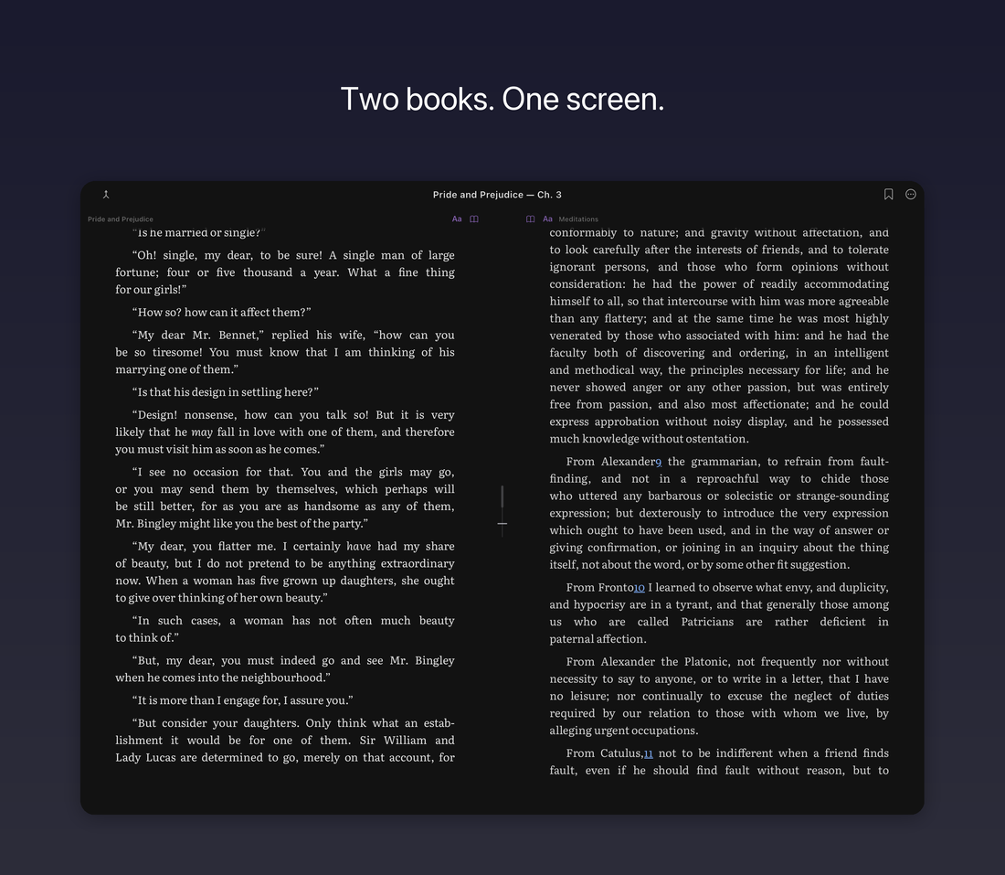ScrollWizard split reader: two books side by side on iPad in landscape