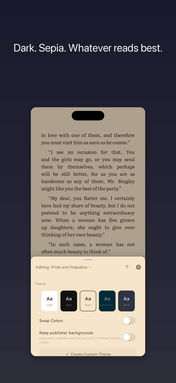ScrollWizard reading themes: light, dark, sepia and more